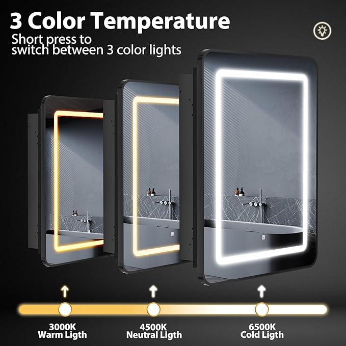 ROOMTEC Lighted Medicine Cabinet with Mirror 20"x30", Wall Mounted Bathroom Mirror with Storage, Single Doors Bathroom Wall Cabinet with LED Lights,Black