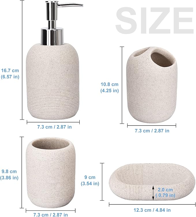 L'ARL GMVOI Bathroom Accessory Set,4 Piece Bathroom Decor Accessories Sets with Lotion Soap Dispenser,Toothbrush Holder,Bathroom Tumbler,Soap Dish for Bathroom Vanity Countertop Accessories,Beige