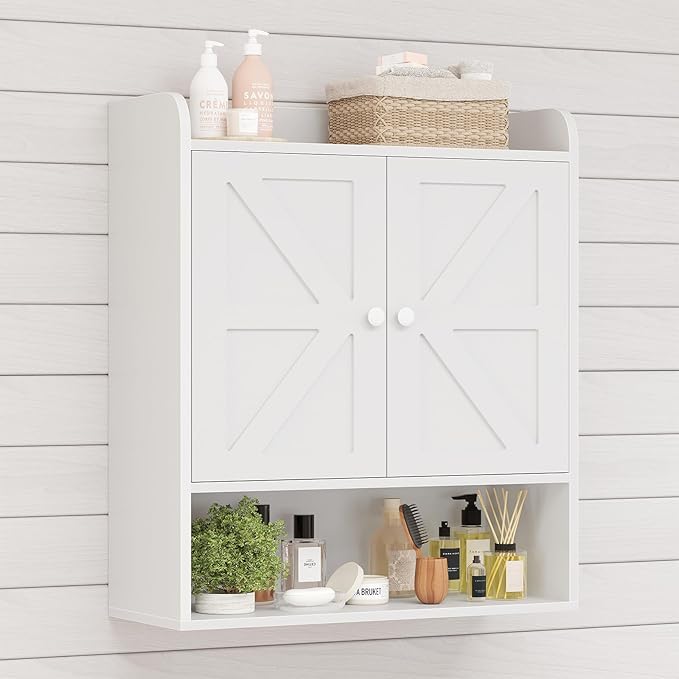 EasyCom 22" W x 26" H Bathroom Wall Cabinet, Farmhouse Medicine Cabinet with Adjustable Shelves and 2 Barn Doors, Over The Toilet Storage Cabinet for Bathroom,Kitchen,Living Room,White