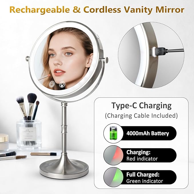 Vanity Mirror with Lights,4000mAh Rechargeable Double Sided Magnifying Mirror with 3 Colors Adjustable,1x/10x Lighted Makeup Mirror,360°Rotation Touch Screen with Memory Function,Nickel