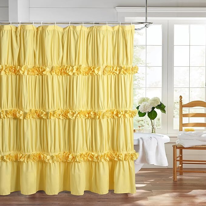Bright Yellow Shower Curtain, Vintage Handcrafted Bow Tie Bath Curtain for Master Bathroom, Ruched Microfiber Bathroom Curtain with 12 Buttonholes, 72" W x 72" H (LQ-10)