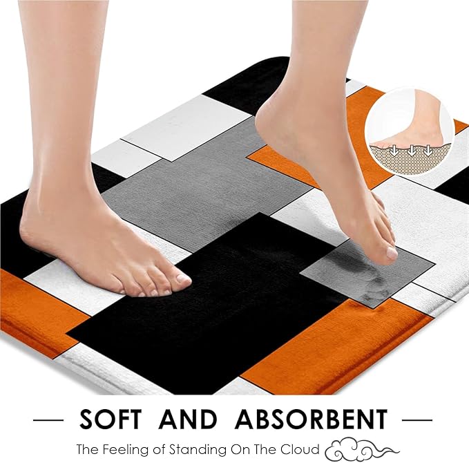 Orange Geometric Shower Curtain Set with Toilet Lid Cover and Non-Slip Rugs for Bathroom, Black White Grey Checkered 4 Pcs Shower Curtain, Modern Abstract Bathroom Set with 12 Hooks