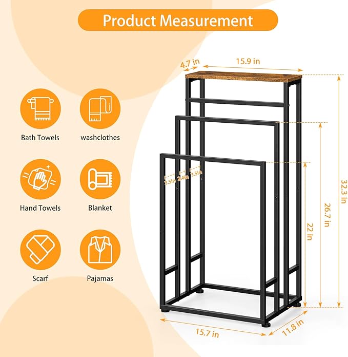 Freestanding Towel Racks for Bathroom 3 Tier Towel Drying Rack Small Standing Towel Rack with Shelf Hand Towel Holder Stand for Bathroom Floor Dorm Laundry Room (Rustic Brown)