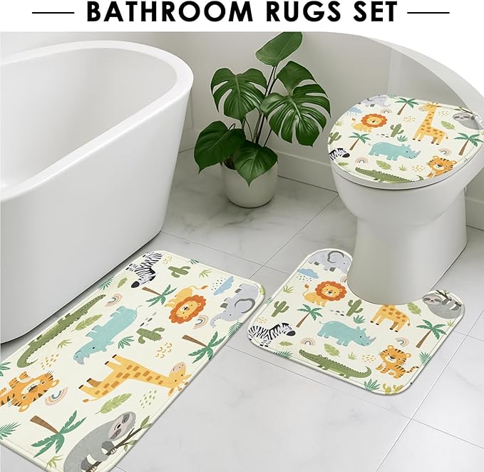 Britimes 4 Piece Shower Curtain Sets, Safari Kids Animals Cute with Non-Slip Rugs, Toilet Lid Cover and Bath Mat, for Bathroom Decor Set, 72" x 72"
