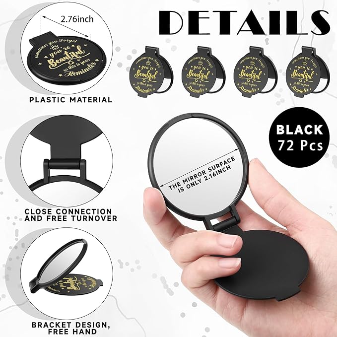 72 Pcs 2.76 Inch Inspirational Compact Mirror Bulk Women Small Gifts Graduation Party Favors Purse Mirror Pocket Mini Stuffer Items for Adult Coworker Cheerleader Employee (Black)
