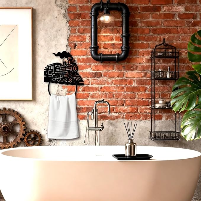 MAYJOYDIY Train Metal Towel Ring Round Vintage Train Hand Towel Holder Ring Hanger Black Vintage Towels Wall Organizer for Kitchen Bath Home Laundry Room Decors Gifts