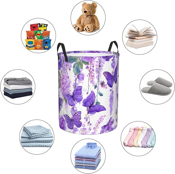 Purple Butterfly Pattern Laundry Hamper, Collapsible Organizer Basket for Bathroom,Laundry,Bedroom 19.6 x15.7 Inch