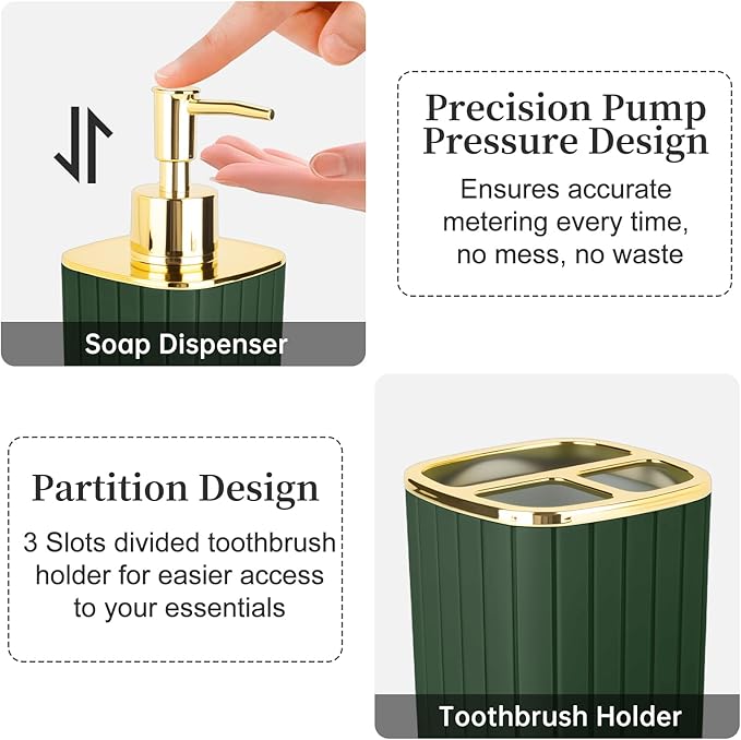2PCS Bathroom Accessories Set, Dark Green Bathroom Accessories Include Soap Dispenser and Toothbrush Holder for Boho Bathroom Decor