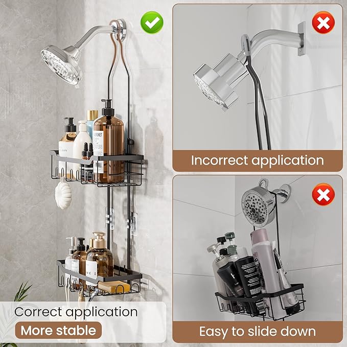 Skyapex Hanging Shower Caddy Over Showerhead: Extra Long Adjustable Height Shower Organizer, Rustproof Shower Shelf Rack with Soap Holder for Large Shampoo Bottles