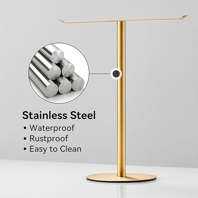 Gold Hand Towel Holder Stand ?€? Countertop T-Shaped Stainless Steel Towel Rack with Non-Slip Base for Vanity and Kitchen
