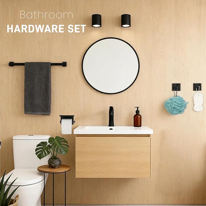 5Pcs Matte Bathroom Hardware Towel Bar Accessories Set 16 Inch Stainless Steel Bath Towel Racks with Toilet Paper Holder Shelf, for Bathroom Wall Mounted (Black)