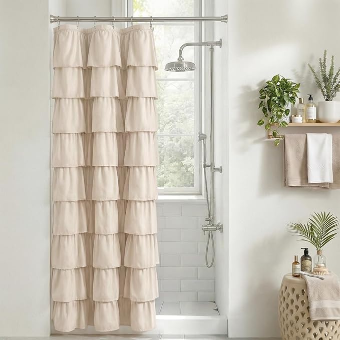 Seasonwood Small Beige Ruffle Shower Curtain Natura Farmhouse Vintage Handcrafted Rustic Decorative Fabric Shower Curtains for Bathroom, 36"x72"