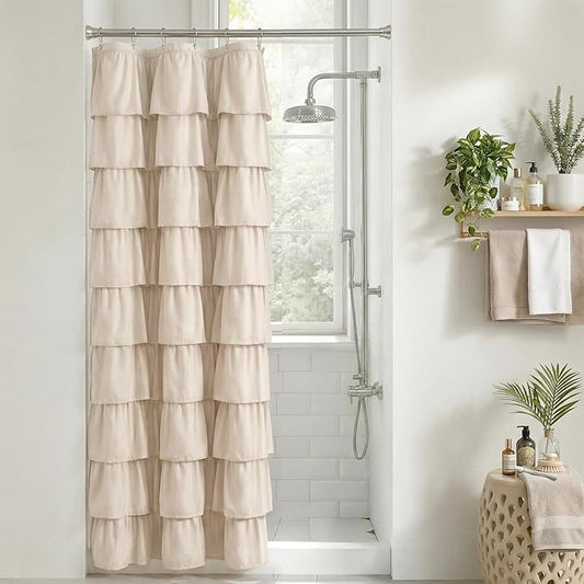 Seasonwood Small Beige Ruffle Shower Curtain Natura Farmhouse Vintage Handcrafted Rustic Decorative Fabric Shower Curtains for Bathroom, 36"x72"