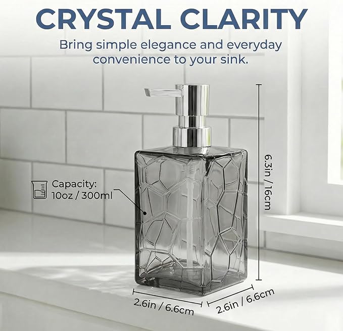 Gray Glass Soap Dispenser with Pump Geometric Texture Refillable Decorative Hand Soap Dispenser for Bathroom Kitchen Countertop