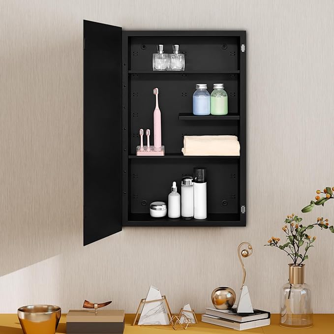 Fundin Black Medicine Cabinet Recessed or Surface Mount, Bathroom Medicine Cabinet with 18 x 30 Beveled Mirror and Adjustable Staggered Shelves, Wall Mount