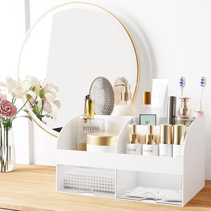 Makeup Organizer with Drawers, Cosmetic Storage for Dresser Vanity and Bathroom Countertop, Beauty Holder for Lipstick Brush, Skincare Organizer for Vanity, Cosmetic Display Case (White)