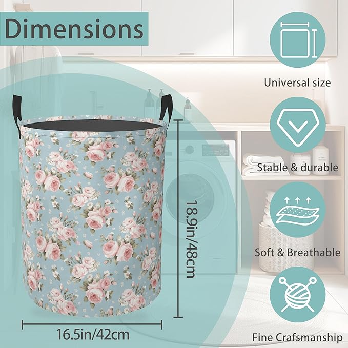 Laundry Basket With Handle, Dirty Clothes Laundry Hamper, Oxford Cloth Bin Storage Organizer for Toy Collection (Pink Flowers)