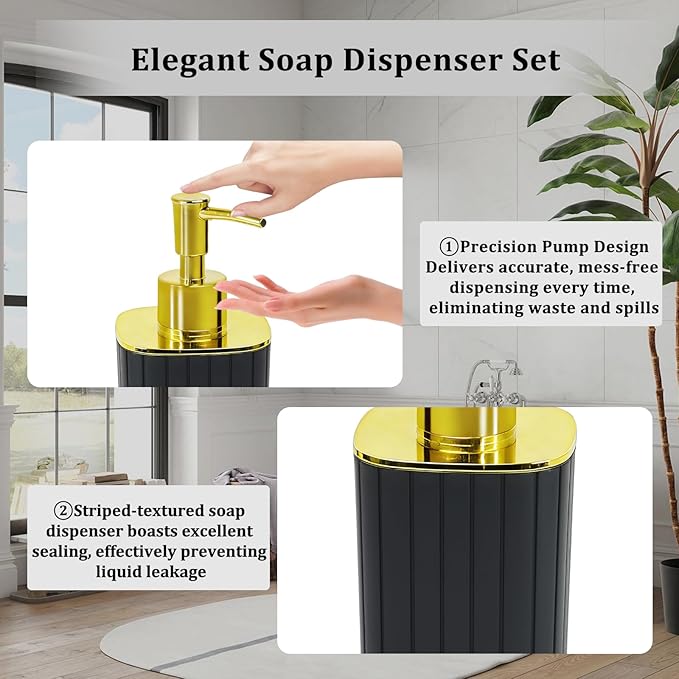 Bathroom Accessories Set 2 PCS- Black and Gold Bathroom Accessory Set, Bathroom Toothbrush Holder Set Includes Soap Dispenser and Toothbrush Holder for Boho Home Bathroom Decor