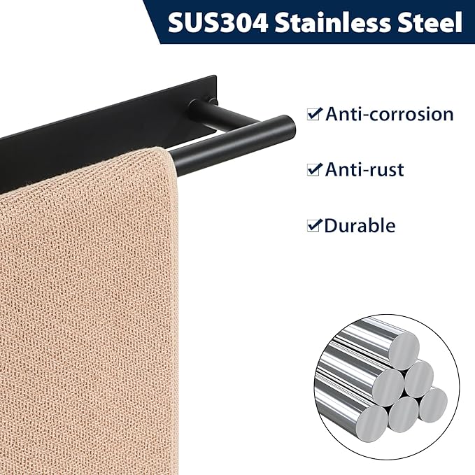 Alise Adhesive Towel Bar Black,Towel Racks for Bathroom Wall Mounted,Bathroom Towel Rack SUS304 Stainless Steel,Towel Holder for Kitchen/Bathroom Hardware Decoration,Sticky or Screw-Mounted,16 Inch