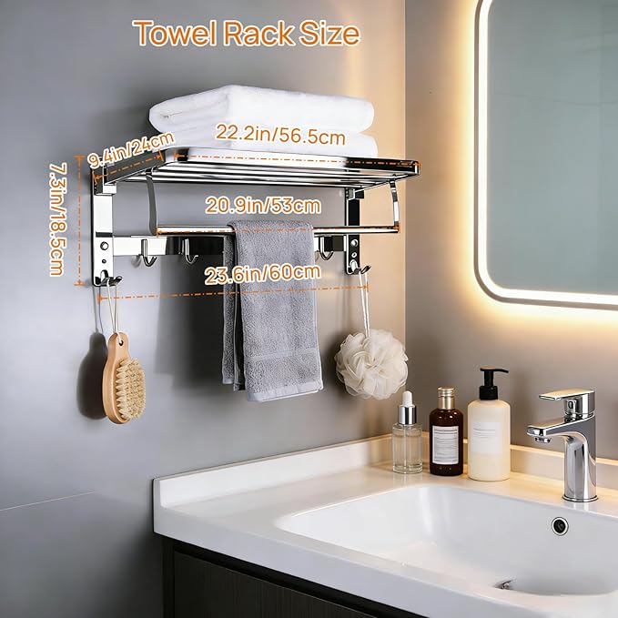 24" Double Towel Rack with 7 Hooks, SUS304 Stainless Steel Towel Bar Towel Rack with Shelf, 90° Foldable Towel Holder, for Bathroom Wall Mounted.（Mirror Polished Silver）