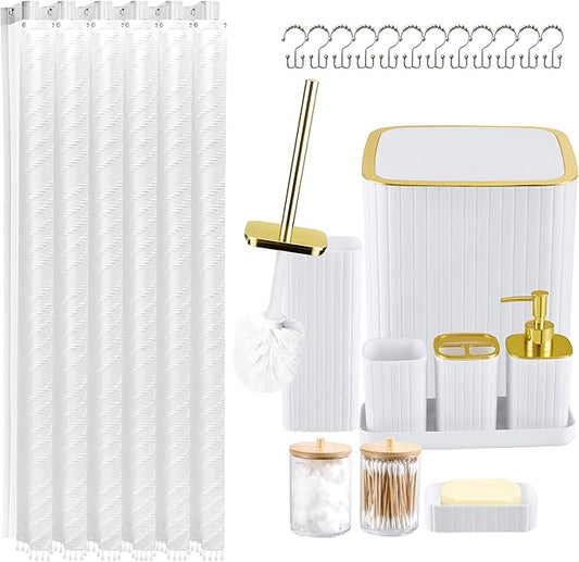 Bathroom Accessories Set-23Pcs Set, Complete Bathroom Essentials, Bathroom Set with Shower Curtain and Liner Sets, Trash Can, Soap Dispenser,Modern Bathroom (White, Bath Set+Shower Curtain&Liner Set)