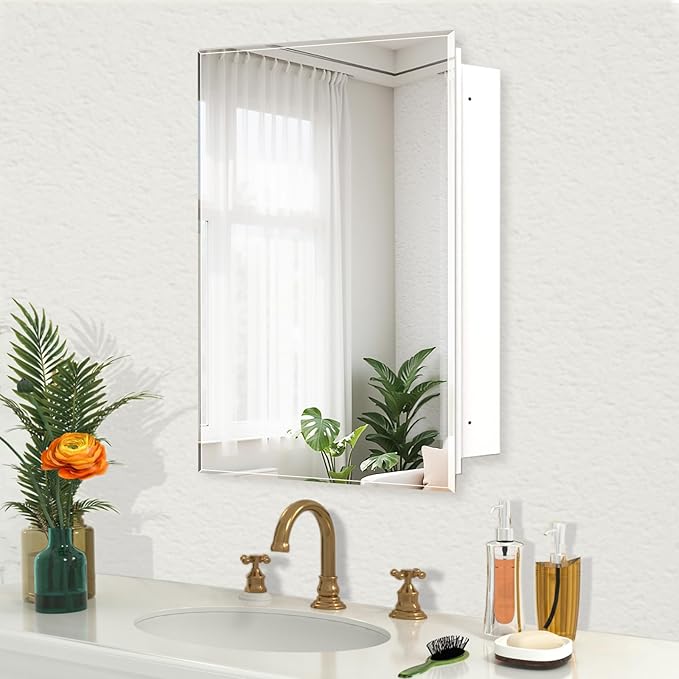 16"x20" Medicine Cabinet,HD Bathroom Mirror Cabinet with Beveled Mirror,Removeable Shelves, Recessed and Surface Mount,Frameless Bathroom Mirror with Storage