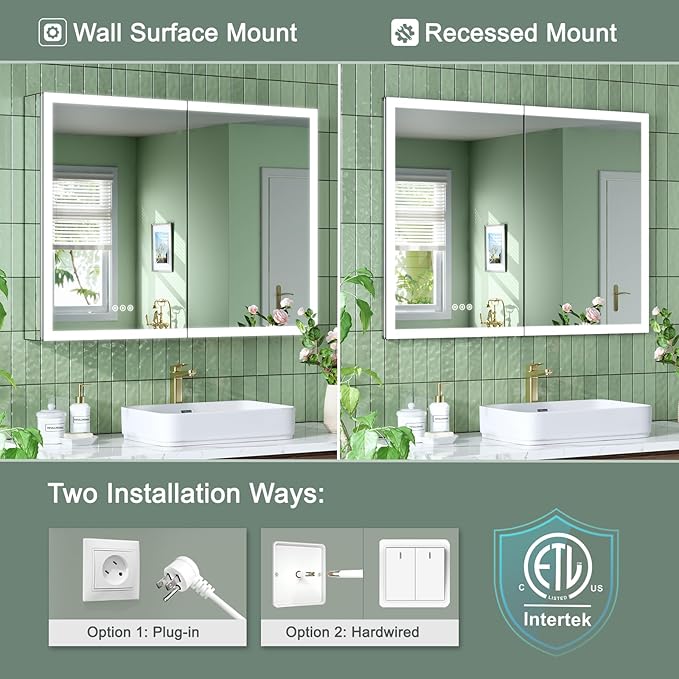 40x30 Inch Medicine Cabinet with Lights, AL Alloy Frame, Plug-in or Hardwired, Recessed or Wall Mount, Mirror Doors/3 Colors/Dimmable/Interior Sensor Light/Defog,2 Outlets & USBs,2 Shelves