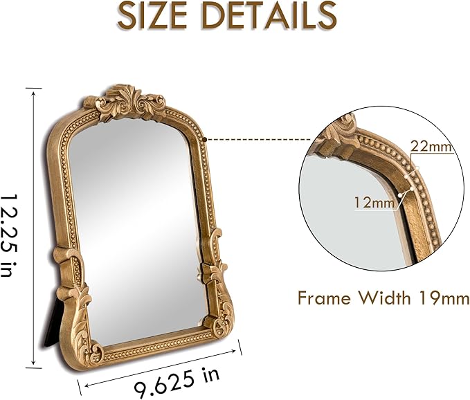 Vintage Vanity Makeup Mirror Gold Desk Small Mirror Antique Arched Gold Table Traditional Resin Mirror with Stand for Tabletop Living Room Bedroom Countertop Dresser 9.6x12.3