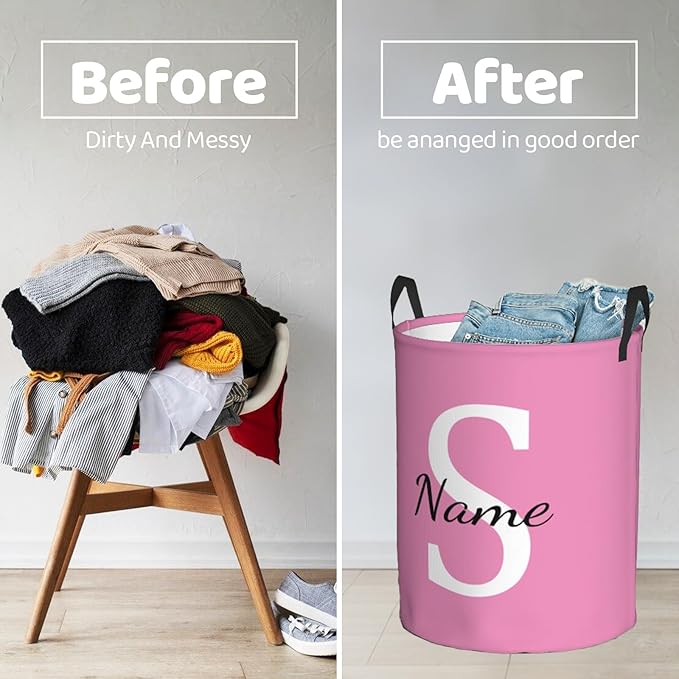 Custom Name Laundry Hamper, Personalized Laundry Basket with Name, Customized Dirty Clothes Storage Basket with Handles for Boys Girls Men Women Bedroom Bathroom (L)