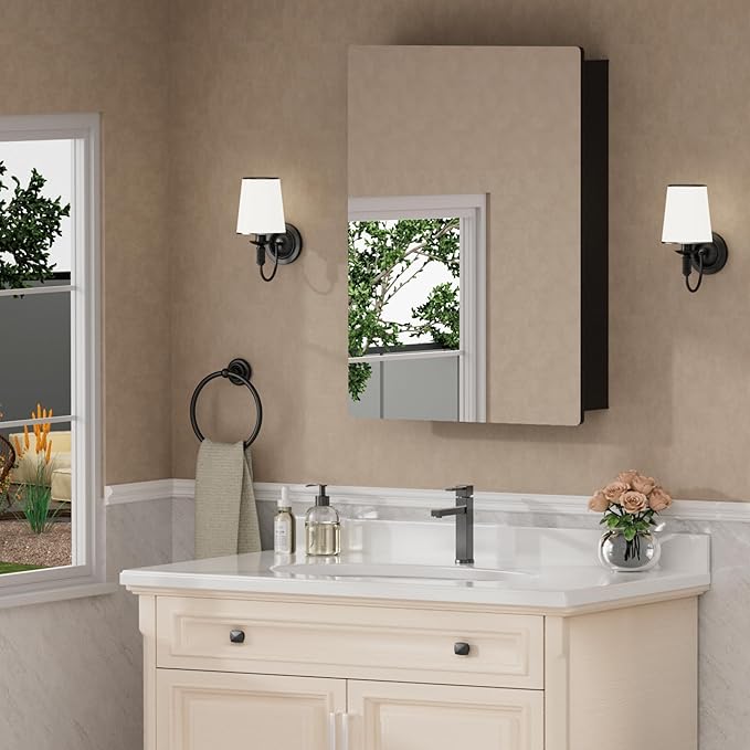 20x28 Inch Medicine Cabinet with Mirror, Recessed or Surface Mounted Bathroom Cabinets for Storage, 2 Fully Adjustable Tempered Glass Shelves, Soft-close DTC Hinges, HD Reflection Mirror Door, Black