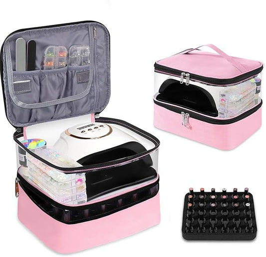 Clear Nail Polish Organizer Double layer Nail Polish Holds 30 Bottles and Nail Lamp, Nail Dryer Case Storage Supplies with Adjustable Dividers, Portable Nail Carrying Bag for Nail Tech (Pink)