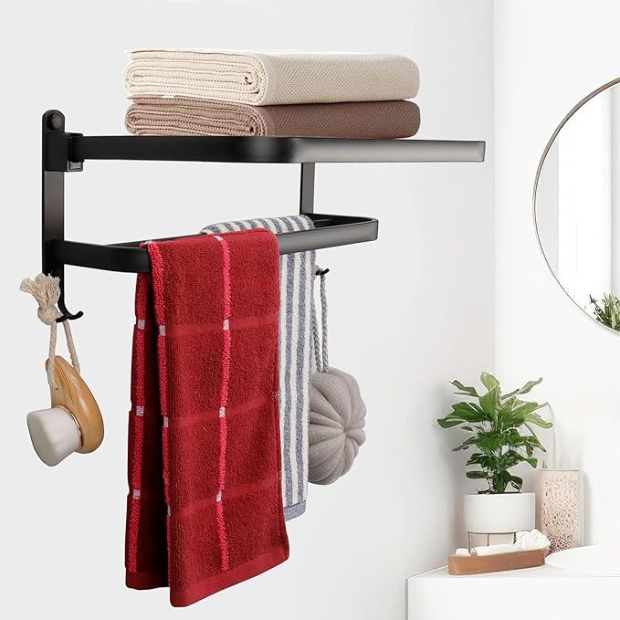 TocTen Towel Rack for Bathroom, Foldable Towel Holder with Double Towel Bars, Wall Mounted Premium Aluminum Bathroom Tower Shelf, Space-Saving Towel Hanger for Bathroom, Lavatory (Black,16 in)