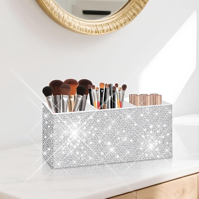 Bling Makeup Brush Holder Organizer, 3 Slot Sparkle Cosmetics Brushes Storage Holders with Shiny Rhinestones, Glitter Cute Pen and Pencil Holder for Desk, Eyeliners Display Case for Vanity???White???