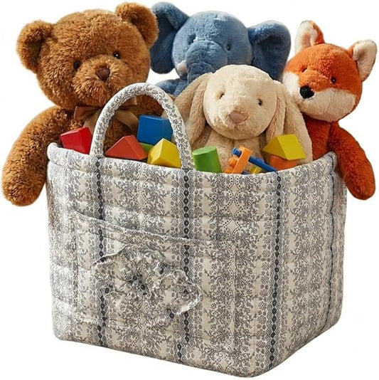 Quilted Fabric Basket Car Storage Basket Boho Floral Laundry Hamper for Nursery Bedroom & Living Room | Organize Clothes Toys