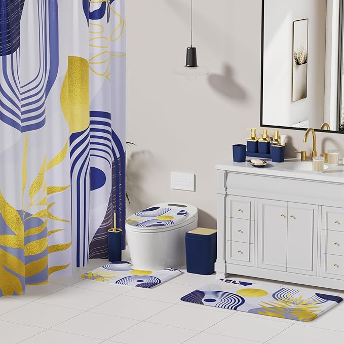 Bathroom Accessories Set - 27PC Bathroom Sets with Shower Curtain and Rugs, Blue Bathroom Set, Navy Blue Bathroom Accessory Set with Trash Can, Toilet Brush & 3 PC Soap Dispensers