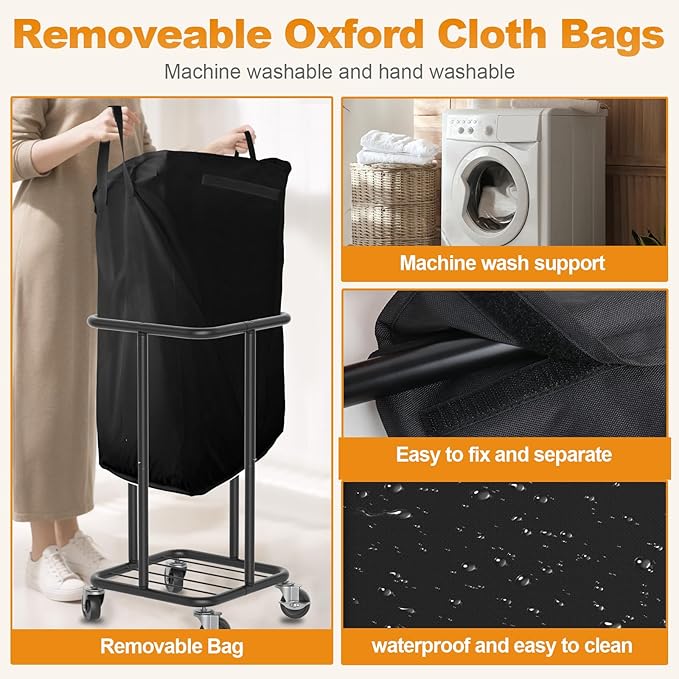 Hodonas Laundry Basket with Wheels, Rolling Laundry Hamper, 30 Gal.(115L), Removable and Machine Washable Liner, Steel Frame, Tall Laundry Cart for Laundry Room, Bedroom, Bathroom, Dorm Storage -Black
