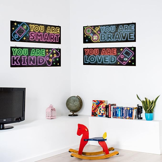 YLOLUL 4 Pieces Neon Gaming Decor for Boys Room Wooden Video Game Wall Art Print 15.7 X 5.1 Inch Motivational Quote Gamer Hanging Plaques Wall Decor for Boys Kids Room Bedroom Playroom Decorations