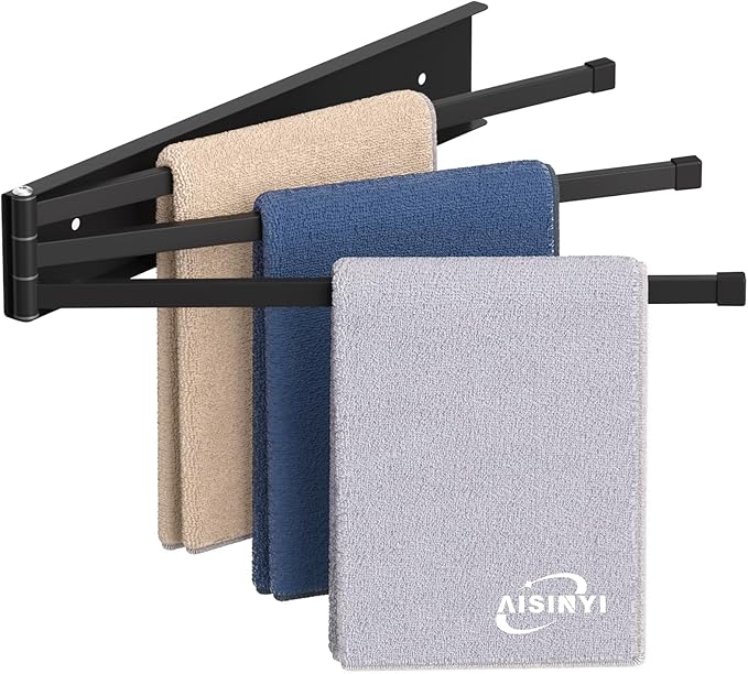 Swivel Towel Rack, 16 inch Extra Long Thickened Stainless Steel 3-Arm Towel Bar, Space Saving Wall Mounted Towel Holder, Rustproof Swing Out Towel Hanger for Bathroom, Kitchen (Matte Black)
