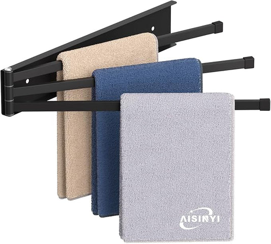 Swivel Towel Rack, 16 inch Extra Long Thickened Stainless Steel 3-Arm Towel Bar, Space Saving Wall Mounted Towel Holder, Rustproof Swing Out Towel Hanger for Bathroom, Kitchen (Matte Black)