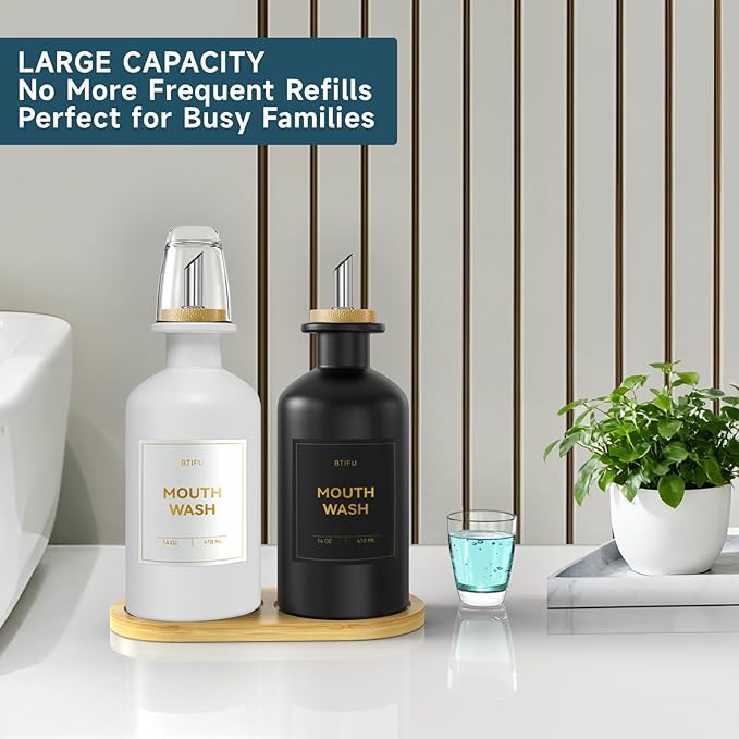 2PCS Glass Mouthwash Dispenser for Bathroom Countertop – 14oz/410ml Refillable Mouthwash Bottle with Glass Cup & Bamboo Tray, Modern Bathroom Decor for Home, Office, Airbnb (White & Black)