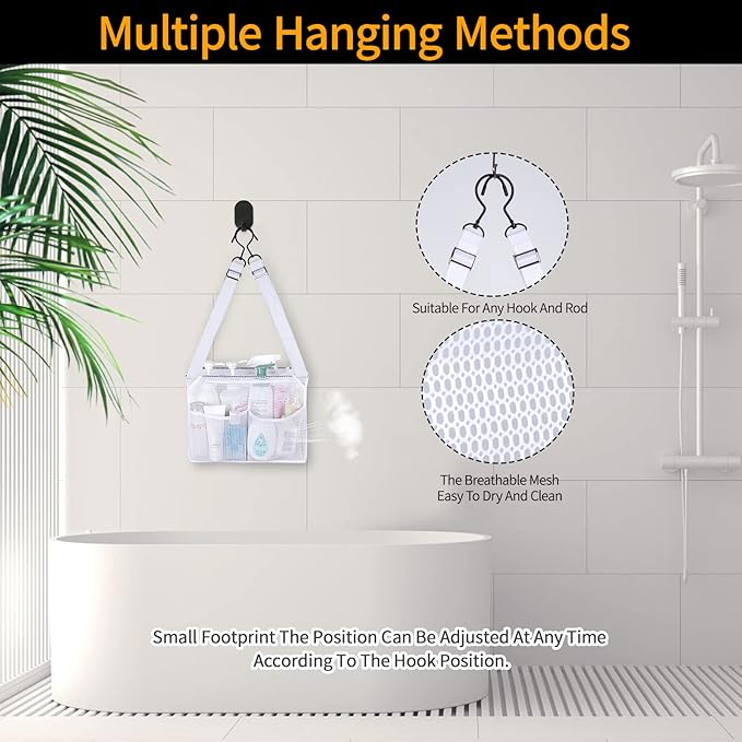 4 Storage Pockets Adjustable Hanging Mesh Bathroom Bag, Shower Caddy College with Hooks, Applied to College Dorm Rooms, Gym, Swimming and RV Travel (White)