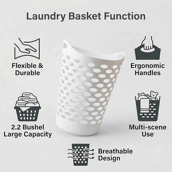 2-Pack 2.2 Bushel Flexible Laundry Basket, Lightweight and Easy to Clean，Tall Plastic Hamper for Clothes，Bedroom and Storage - Plastic Laundry Basket with Handles，White