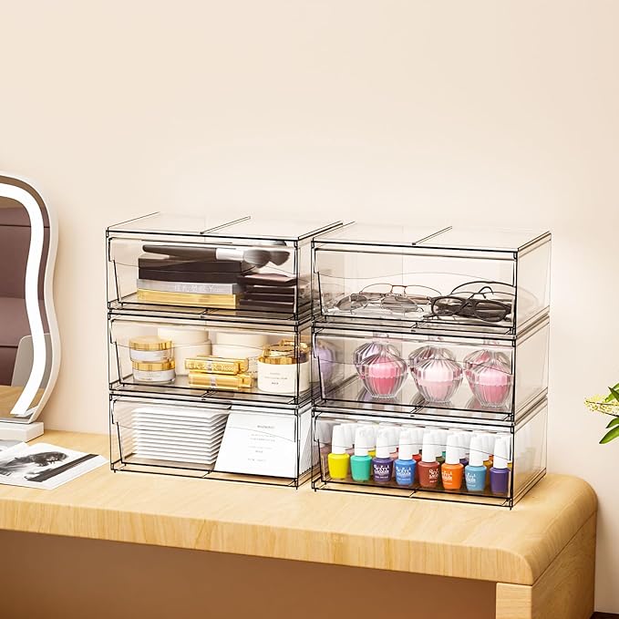 6 Pack Clear Stackable Storage Drawers,12"W Large Bathroom Makeup Organizer and Pen,Sunglass,Medicine,Baby Bottle Organizer,Plastic Pull Out Storage Bins for Desk,Under Cabinets,Vanity Countertop