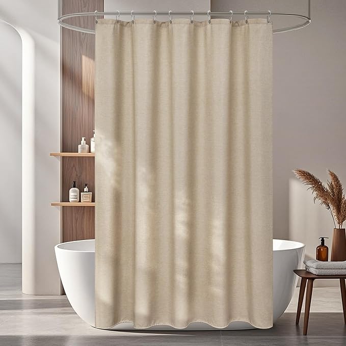 60 x 66 inch Taupe Short Fabric Shower Curtain Water-Resistant, Faux Linen Textured Farmhouse Shower Curtain Heavyweight, 60''W Washable Small Bathroom Curtain Tan for Rv Trailer
