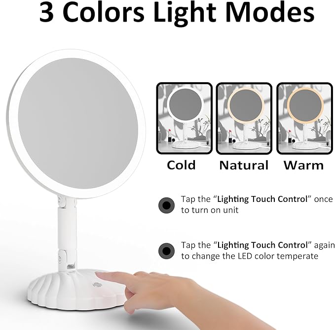 Foldable 15X Magnifying Mirror with Lights,Portable Vanity Mirror,3 Colors Light Modes, Desk or Travel Use,Stepless Adjustable Lighted Makeup Mirror