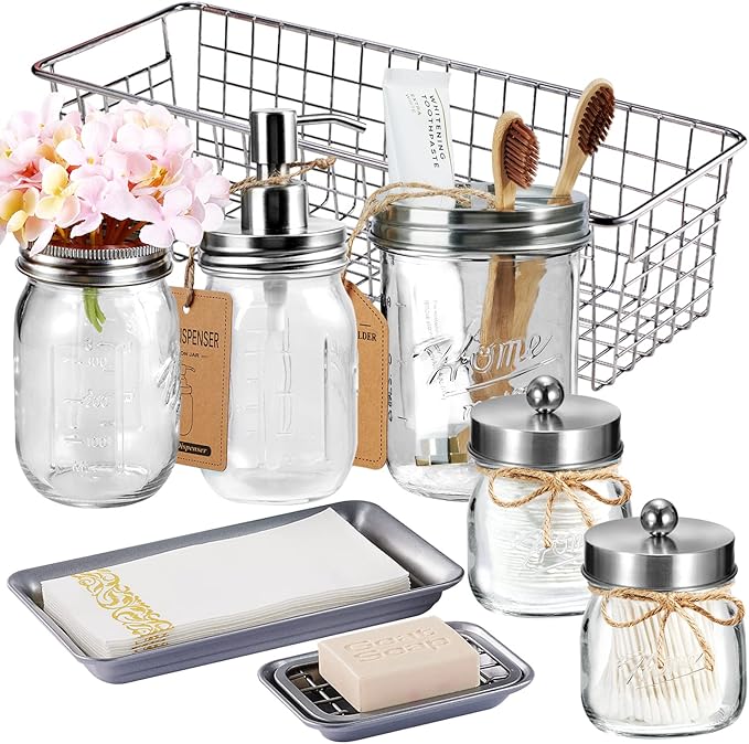 SheeChung 8PCS Bathroom Accessories Set Complete - Soap Dispenser, Mason Jar Toothbrush Holder, 2pcs Qtip Holders, Flower Vase, Soap Holder, Vanity Tray, Toilet Paper Storage-Brushed Nickel