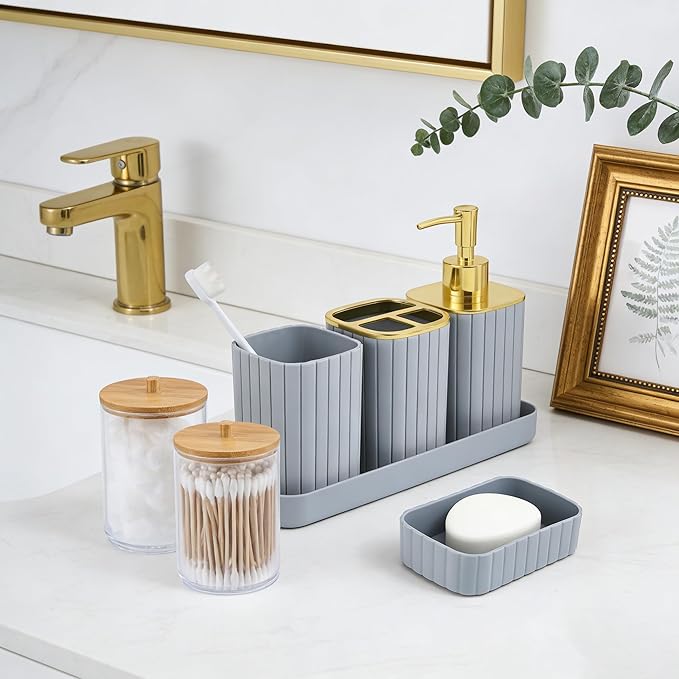 Grey Bathroom Accessory Set-9PC Set with Toilet Brush, Trash Can, Soap Dispenser, Q-Tip Holder | Modern Home Bath Essentials (Grey, Bath Set)
