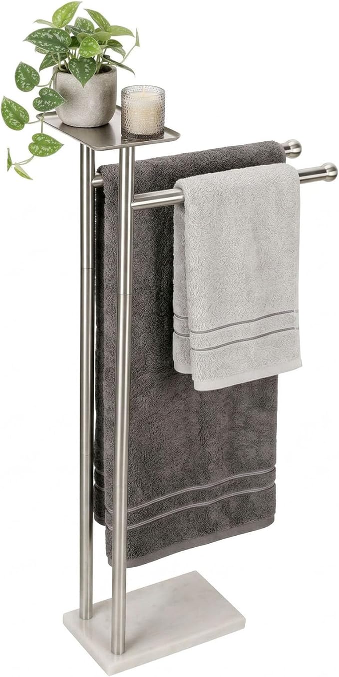 Songtec Towel Rack Stand for Bathroom, 2-Tier Freestanding Towel Holder for Bath Towels, Practical Shelf on Top, Heavy Duty Bathroom Accessories, No Drilling Required