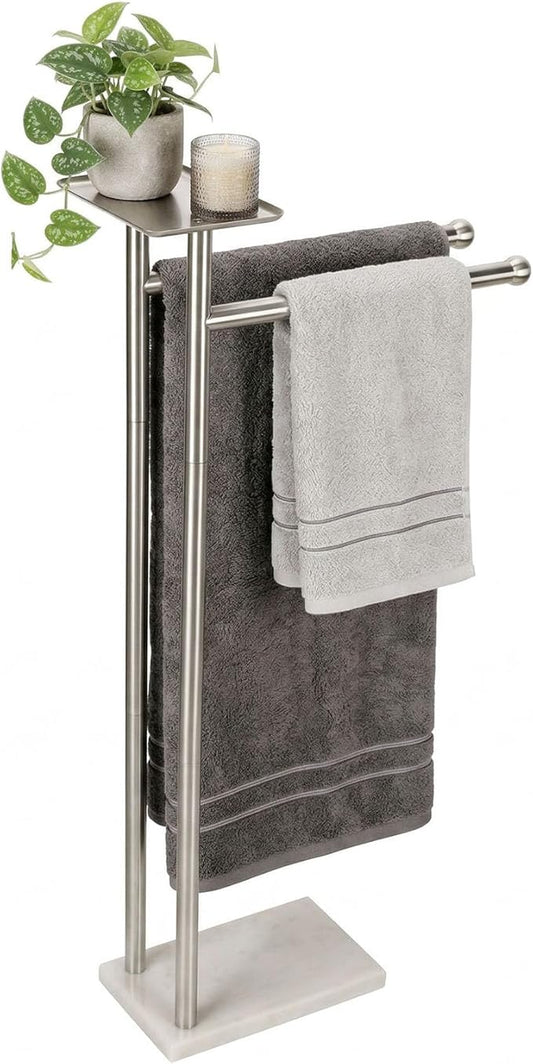 Songtec Towel Rack Stand for Bathroom, 2-Tier Freestanding Towel Holder for Bath Towels, Practical Shelf on Top, Heavy Duty Bathroom Accessories, No Drilling Required