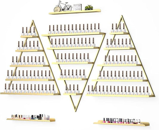 Lorvain Metal Wall-mounted Nail Polish Storage Racks 5 Tiers Gold Triangular Display Rack Cosmetic Display Cases Lipstick Perfume Wall Shelf Essential Oil Organizers for Home Spa Nail Salon Shop